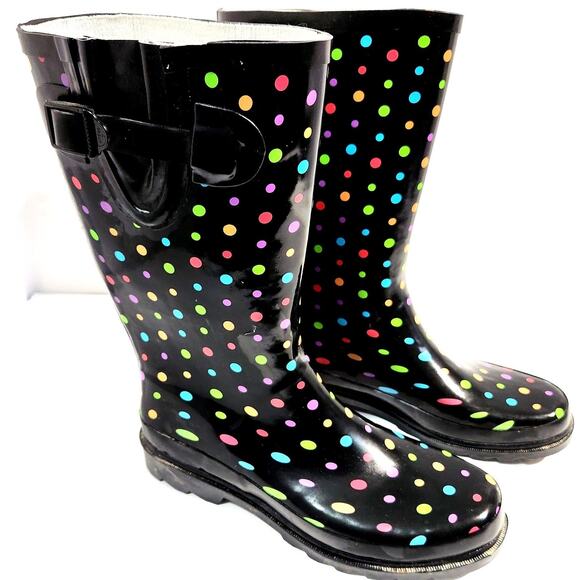 Western Chief Waterproof Rain Boots Size 9 Whimsical Dots Flat Heel Side Heel - Picture 1 of 10